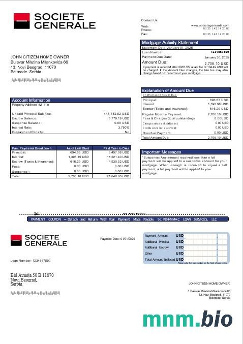 Serbia Societe Generale Bank wyciąg z kredytu hipotecznego w formatach Word i PDF